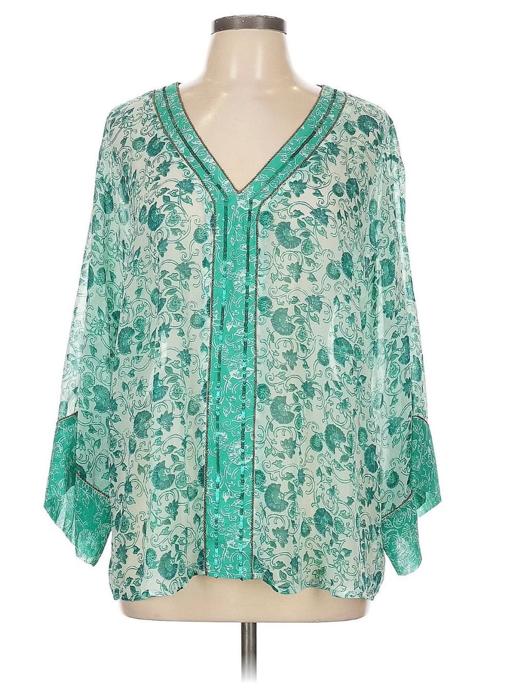 Chico's Teal and White Floral V-Neck Boho Tunic